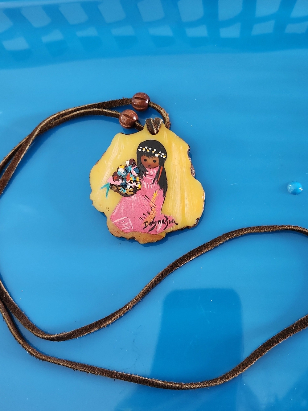 Vintage DeGrazia Hand-Painted Wood Slice Necklace "Flower Girl"